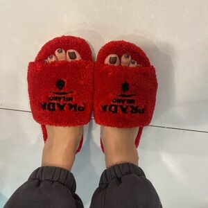 Prada red fur slippers